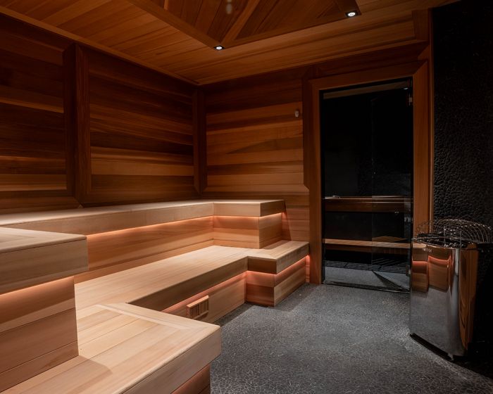 sauna with nice wood and stone floors at SoulSpace in Cleveland